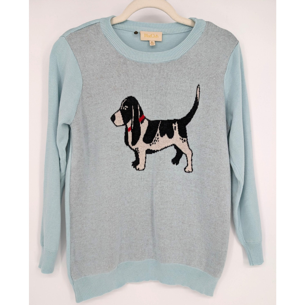 ModCloth Light Blue Intarsia Knit Hound Dog Crew Neck Sweater Basset Dog Lover - Picture 2 of 10